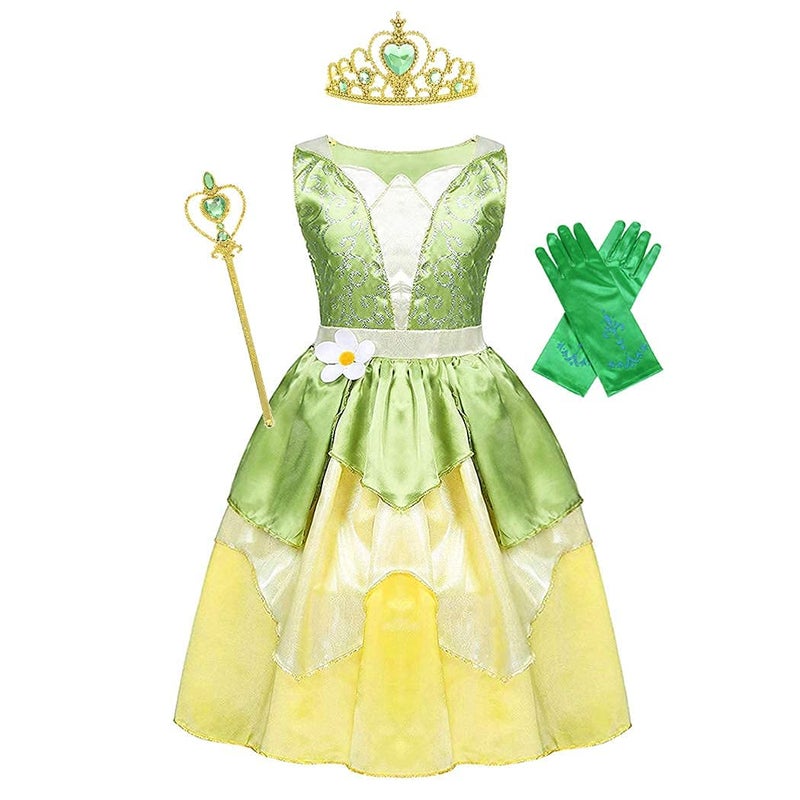 WonderBabe Green Fairy Tale Princess Tiana Dress Fancy Birthday Party Dresses Halloween Christmas Party Dress up Role Play Dresses Luxury Outfit Green Size 5T 6T Age 5-6 Years - Image 1